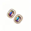 Pendientes Rectangulares de Cristal de Color Macarrón de Venta Caliente Transfronterizos con Bordes de Oro Rosa e Incrustaciones Completas de Diamante, Fuente de Suministro de Pendientes Grandes Exagerados