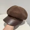 Gorra de Boina de Pana Estilo Coreano con Visera de Cuero para Mujer, Nueva Moda de Otoño, Versátil, Adelgazante de Rostro, Gorra para el Sol