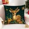 Funda de Cojín Navideña Verde Oscuro y Dorado de Lujo Ligero Funda de Almohada con Estampado de Reno y Guirnalda de Moda Funda de Almohada de Dibujos Animados para Sala de Estar y Dormitorio