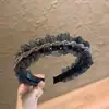 Tiara Plissada em Malha com Strass Preto Estilo Coreano para Mulheres, Grampo Enrolado Exquisito com Pedrarias de Cristal, Faixa de Cabeça para Lavar o Rosto, Elástico de Cabelo para Mulheres
