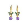 Pendientes de Cristal Natural Plateados Yilu Plata de Ley S925 Chapados en Oro Bola de Amatista Mariposa Esmaltada Gancho para la Oreja Listos en Stock