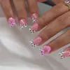 Uñas Postizas Cuadradas Medianas Base Blanca Lunares Negros Francesas Flores Rosas 3D Adorno de Perlas de Acero Pegatinas para Uñas Postizas