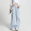 Pantalones Anchos Asimétricos Rasgados Dopamine para Mujer, Delgados de Primavera de Cintura Alta Sueltos Negros con Cordones Rectos tipo Cargo para Mujer
