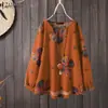 Nova Camisa Feminina Estampada de Manga Longa de Algodão e Linho Tamanho Plus Size da Primavera de 2024 Camisa Casual Feminina Retrô Solta de Algodão e Linho