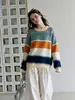 Suéter de punto de rayas coloridas con cuello redondo y manga larga para mujer, nuevo estilo otoño/invierno, holgado y cómodo, diseño juvenil, 2431