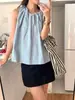 Foto Real de Blusa Feminina Coreana de Verão Nova Estilo Coreano com Alça de Ombro de Cordão, Gola Redonda, Mangas Bufantes Sem Mangas, Redutora de Idade