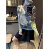 Moqie Casual Diario Estilo Coreano Color Sólido Bloque de Color Raya Botón Cuello en V Adelgazante Manga Larga Tejido MQ1264