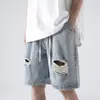 Pantalones cortos de mezclilla lavada rasgados de moda para hombre, pantalones casuales de verano rectos holgados con cordón, jeans elegantes de pierna recta