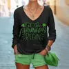 Camiseta feminina europeia e americana de gola V e manga longa, com estampa digital, estilo solto e casual, nova coleção de primavera