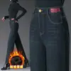 1089 Jeans de Pierna Ancha de Invierno con Forro Polar para Mujeres de Mediana Edad, Pantalones Versátiles Sueltos Gruesos de Algodón, Elegantes y Adelgazantes