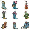 Insignia bordada con elementos vaqueros retro americanos, botas de cowboy florales, cactus, ropa de marca moderna, pegatina adhesiva
