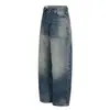 K5601 Estilo Retro Americano High Street Unisex Lavado Vintage Azul Diseño Jeans Holgados para Hombre Forma de Cimitarra