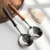 Cuchara Redonda de Acero Inoxidable 304 con Mango de Madera para Uso Doméstico, Cuchara de Comedor Sólida de Madera con Mango de Calabaza, Cuchara de Madera de Ala de Pollo, Cuchara de Alto Valor Estético