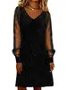 Vestido de lentejuelas estrelladas transfronterizo europeo y americano nuevo para primavera y verano para mujer, con cuello en V, de malla, manga larga, brillante, para fiesta