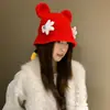 Gorro de Pescador Tejido Rojo Lindo de Dibujos Animados para Mujer en Otoño e Invierno, Cara Pequeña, Protección Cálida para los Oídos, Gorro de Lana