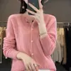 Cardigã de gola redonda com detalhes vazados 100% lã, versátil, rejuvenescedor, emagrecedor, estilo coreano, simples, cor sólida, jaqueta de tricô slim fit para mulheres