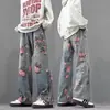 Jeans Jacquard Peônia Masculino Design Primavera e Outono Nicho Lavado Calças Casuais Cleanfit Calças de Cintura Reta