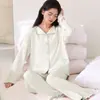 Pijama de primavera y otoño para mujer, algodón elástico, casual, se puede usar afuera, cárdigan con cuello de solapa, ropa de casa de manga larga, traje fino de otoño