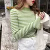 Tecido fresco e sedoso, top de malha listrado, segunda pele feminina de manga longa, suéter pullover de caimento solto com estilo descontraído