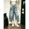 Pantalones vaqueros bordados de dibujos animados para niños, modernos y elegantes, para mujer, moda de otoño, pantalones cropped anchos juveniles