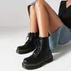Botas de Couro Femininas Tamanho 35-48 Outono e Inverno, Bico Redondo, Couro Envernizado, Sola Grossa, Plataforma Impermeável, Salto Médio, Zíper Lateral, Botas de Equitação de Cano Baixo para Mulheres