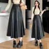 Saia em A, novo estilo outono e inverno feminino, saia de couro com barra larga, saia de cintura alta de comprimento médio, saia longa de couro que cobre o quadril