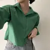 Camisa branca curta de manga longa com fenda nas costas, estilo ins coreano para outono, para mulheres
