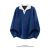 Moletom Falso de Duas Peças com Decote V Masculino Outono Azul Klein Gola Camisa Patchwork Textura Solta Top Jovem Cruzado