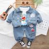 Terno jeans de desenho animado para meninos 2023, novo conjunto de roupas de outono para bebês, três peças, roupas infantis para bebês, primavera e outono, casaco