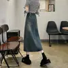 Saia Jeans Feminina 2025 Primavera e Outono Nova Cintura Alta Emagrecedora Cinza Cimento Fenda Saia Evasê Quadril Comprimento Médio