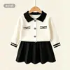 Conjunto de Tricô com Gola Estilo Coco Chanel para Meninas Pequenas e Crianças Jovem Top Saia Plissada Peça Dupla Elegante Fashionável Vestido Princesa Menina