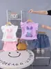 Conjunto de Dos Piezas de Nuevo Estilo Veraniego para Niñas: Camisetas de Manga Corta y Shorts de Mezclilla con Lindo Estampado de Conejo para el Verano de los Niños