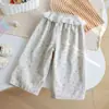 Pantalones Largos de Pierna Ancha Florales con Cintura de Encaje para Niñas, Estilo Coreano Dulce, Holgados, Rectos, Casual, Versátiles, para Primavera y Otoño