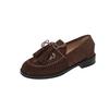 Zapatos Pequeños de Cuero con Cordones, Tejidos, Estilo Británico, Borlas, Gamuza de Vaca, Tacón Bajo Grueso, Punta Redonda, Cuero Genuino, Boca Profunda para Mujer