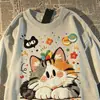 2026 Nova Camiseta Estilo Japonês Divertida Fofa Estampa de Gato Manga Curta para Homens e Mulheres Solta Verão High Street Nicho Top