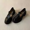 Zapatos retro Mary Jane de cuero suave con estampado de camelia y tacón grueso, mocasines negros de suela gruesa para mujer con punta redonda, adecuados para ir al trabajo