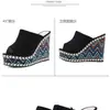 Sandalias de cuña de tacón alto con estampado étnico y boca de pez para mujer para verano, Nuevas sandalias de cuña de talla grande para uso en exteriores, Transfronterizo