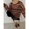 Top de punto de seda helada con bloques de color a rayas y protección solar para mujer, camiseta casual holgada de manga larga para el verano
