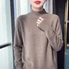 Suéter de lana 100% pura con cuello alto medio para mujer, en un suave color rosa, de corte holgado, diseño sencillo, adecuado para el uso diario y se puede usar como capa interior