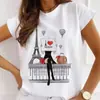 Nuevo Producto 2024 Patrón Impreso Torre Eiffel de París Camiseta Casual de Cuello Redondo para Mujer Personalizada Linda y Sencilla