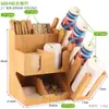 Estante de Almacenamiento de Bambú Tienda de Café Té con Leche Bar Almacenamiento Portavasos de Papel Desechable Portavasos Caja para Servilletas Popotes Comercial