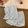 Camisola de Tricô Listrada Colorida de Verão para Mulheres Conjunto Doce para Meninas com Bojos 26 Novo Estilo Roupa de Casa