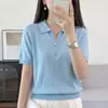 Nueva camiseta de punto de algodón puro para verano, con media cremallera y cuello camisero, manga corta, corte holgado y favorecedor, top liso de moda estilo coreano para mujer
