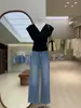 Camiseta de Manga Corta de Punto de Seda Helada con Cuello Semiabierto para Mujer en Verano, Efecto Adelgazante en la Cintura Pequeña, Mangas Cortas tipo Mariposa, Top con Escote en V y Hombro Derecho Corto