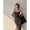 Vestido longo estilo francês estilo frio preto estampado estilo sling feminino design de alta qualidade cintura justa emagrecimento estilo irmã real