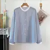 2026 Otoño Estilo Japonés Mori Girl Camisa Cardigan de Rayas Holgada Cuello Alto Manga Larga Top Venta al por Mayor