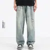 Calça Jeans Masculina Ceecuz de Cor Clara Desgastada Rasgada, Novo Estilo de Verão, Lavagem Amarela Lama, Calça Longa Reta Wide-Leg Vintage