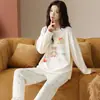 Pijama de Algodón Puro para Mujer Primavera y Otoño, Manga Larga, Pantalón Largo, Cuello Redondo, Sin Capucha, Holgado, Casual, Lindo Oso de Dibujos Animados Ropa de Casa