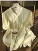 Oxígeno Natural~Lino Tencel Ligera Transpirable Camisa de Manga Corta Holgada Delgada Cuello Alto Ropa de Trabajo Top para Mujer Verano