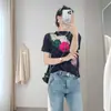 Camiseta de Manga Corta Redonda Estilo Miyake Estéreo Pintura al Óleo Floral Pleats de Alta Elasticidad Anti-Arrugas Corte Delgado Top Versátil para Mujer